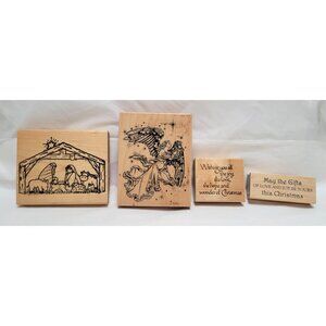 Lot of 4 Vintage Wooden Rubber Stamps Christmas Themes Nativity Angel Sentiments